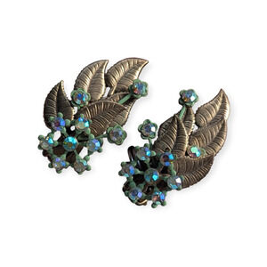 Vintage Floral Spray Earrings with Aurora Borealis Rhinestones Clip-on
